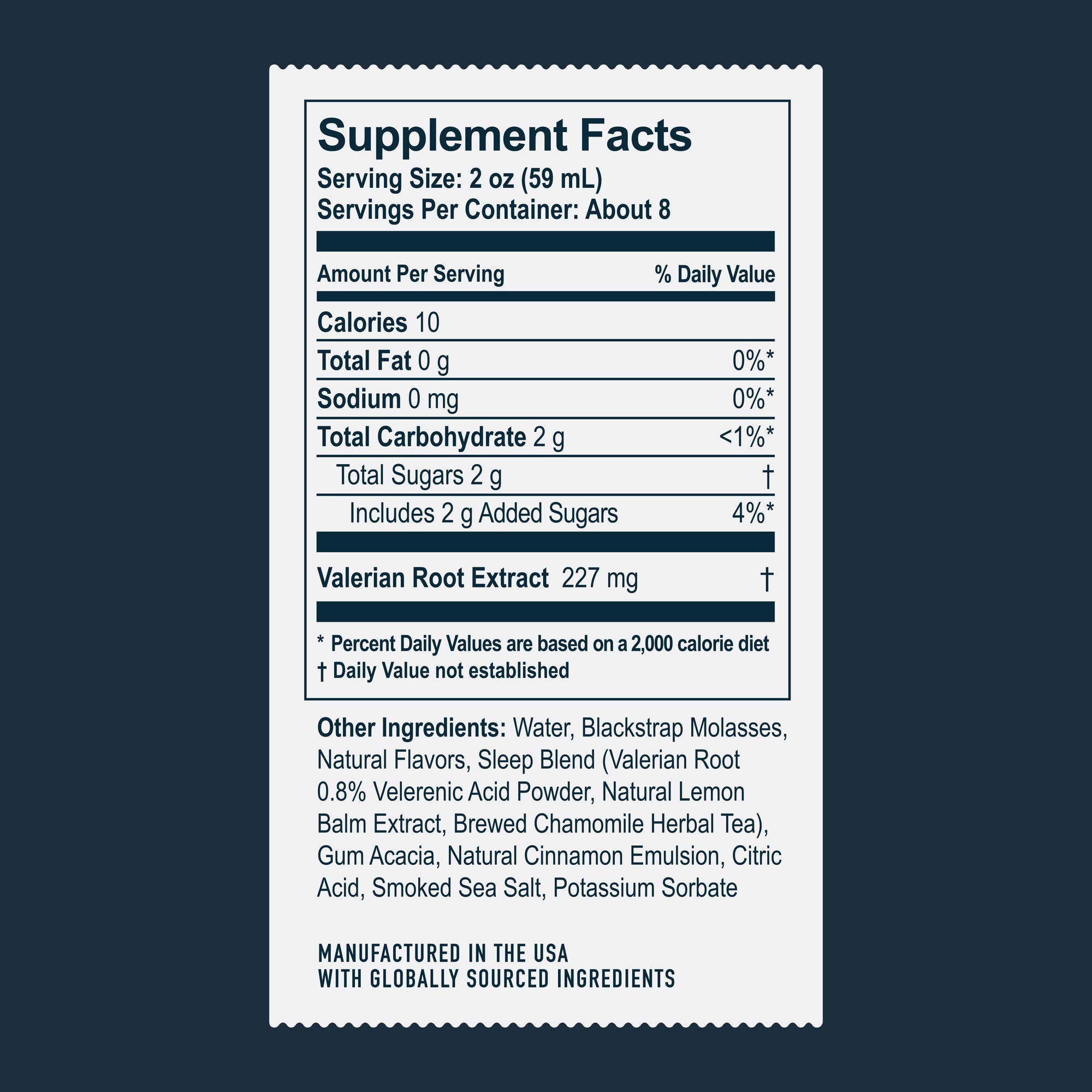 Supplement facts label for Driftology Chamomile Nightcap non-alcoholic beverage