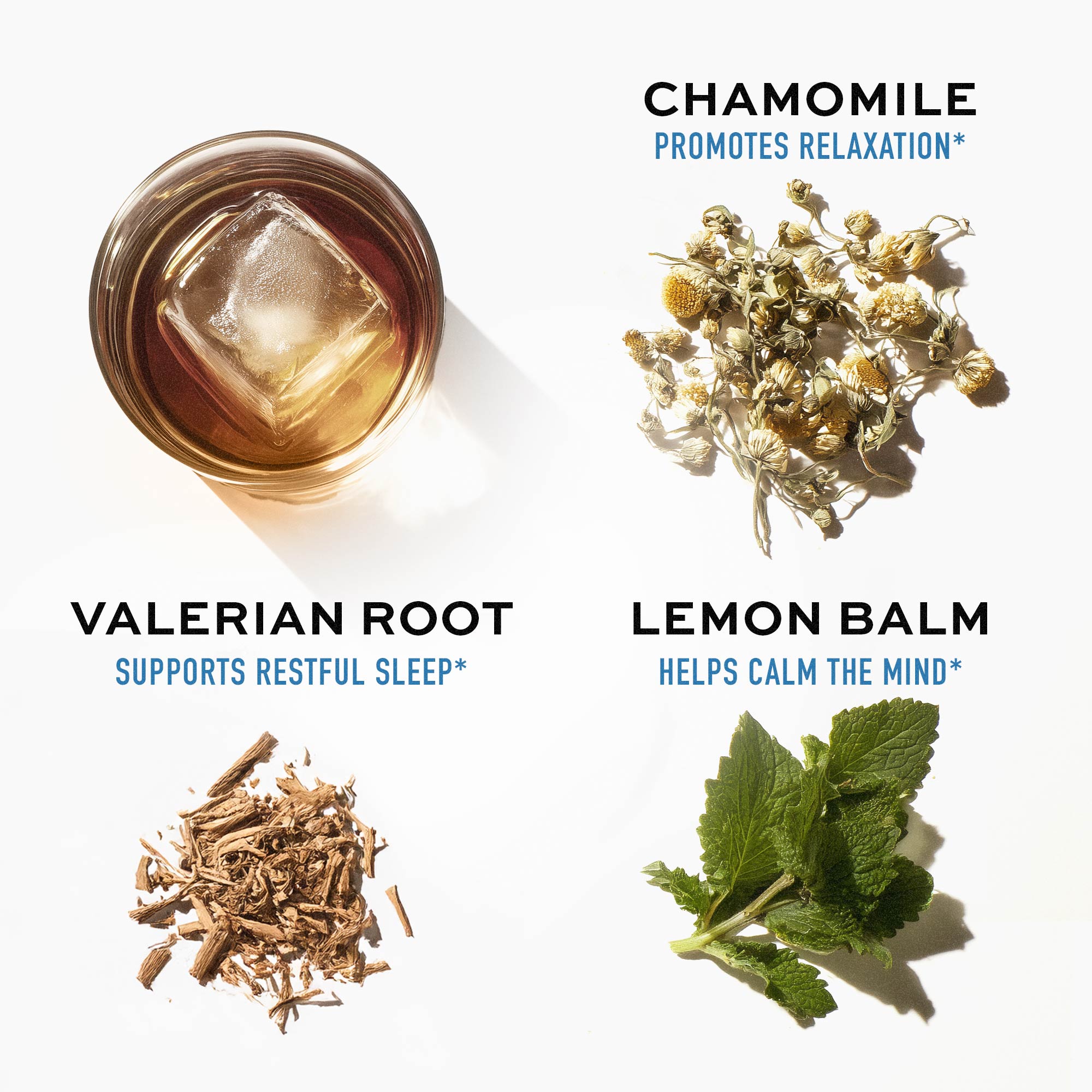 Glass of Driftology Chamomile Nightcap on white background, featuring  valerian root, chamomile, and  lemon balm ingredients
